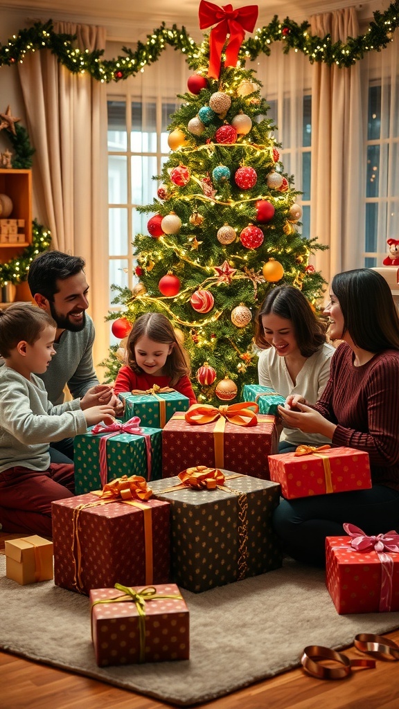 Christmas Gift Unboxing Experience Family unboxing Christmas gifts around a decorated tree, filled with joy and holiday spirit.